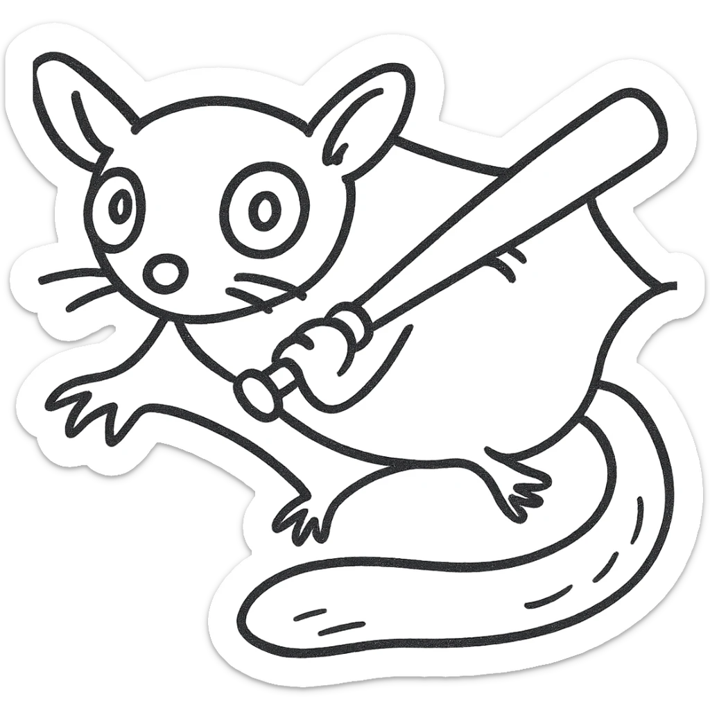 Add a baseball bat to the sugar glider and depict it gliding through the air. Maintain the original style and keep the background transparent. sticker