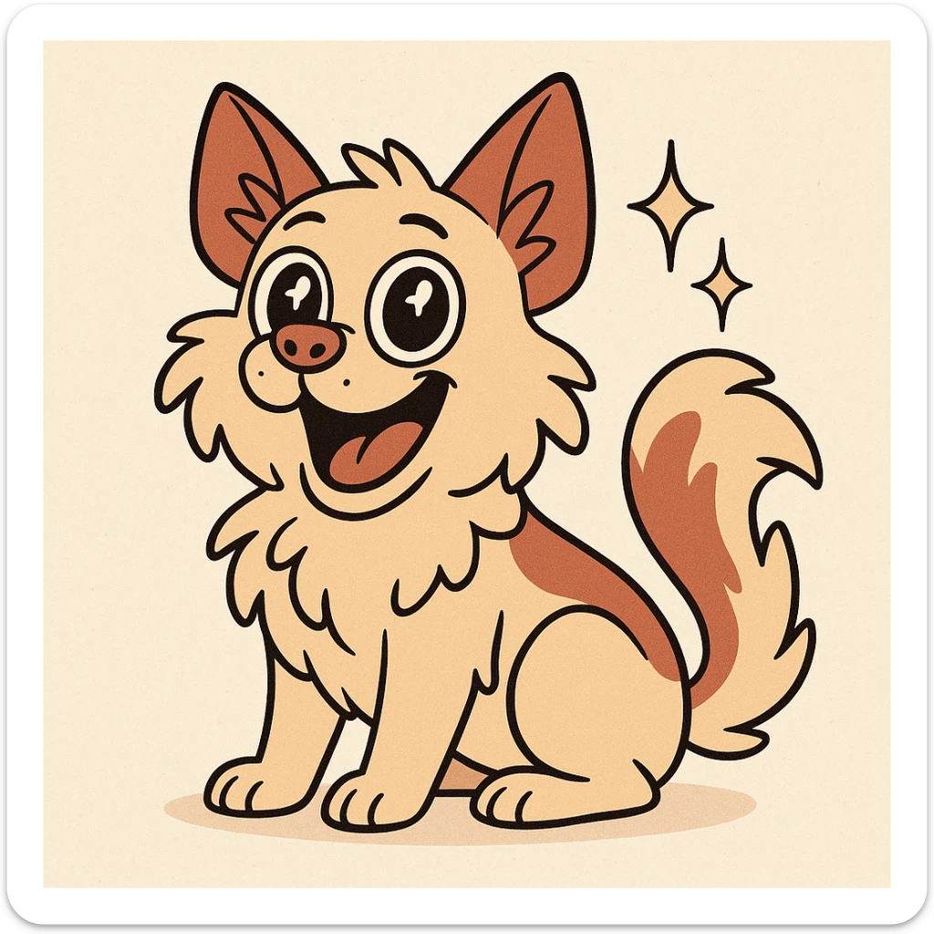 joyful dog-cat mix, fluffy fur, sparkling eyes, open mouth smile, lively and sweet sticker