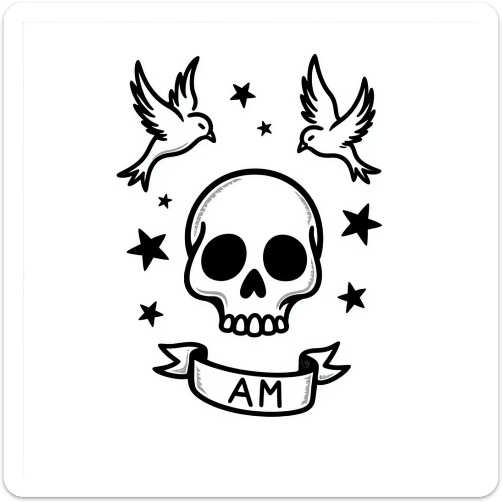 Old school Americana tattoo skull with nautical stars and swallows sticker