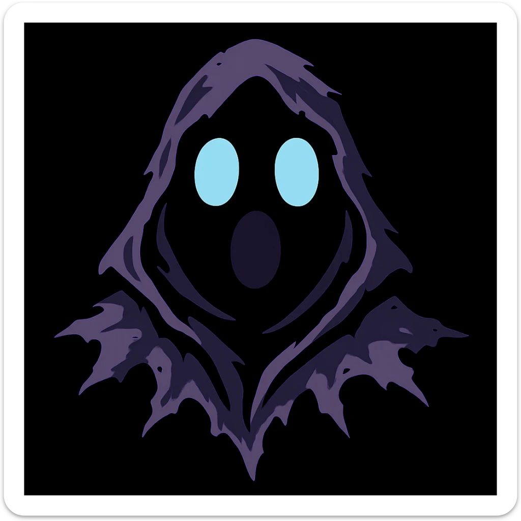 Refine the torn and ruffled hood details, making the edges more jagged and intricate, with extra emphasis on the tattered, ethereal look. Keep the surprised expression and the interplay of light and shadow forming the face, with no background. sticker