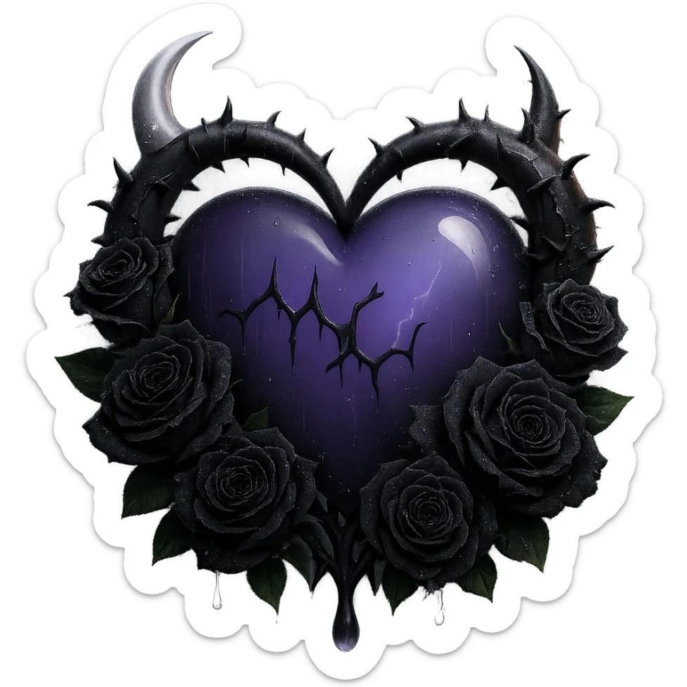 Make the black roses much more prominent and detailed, keeping the gothic heart, deep purple glass, crescent moon dripping silver, subtle lightning, rainy mist, cracked glass glowing softly, in the style of 3D emoji style, with no background. sticker