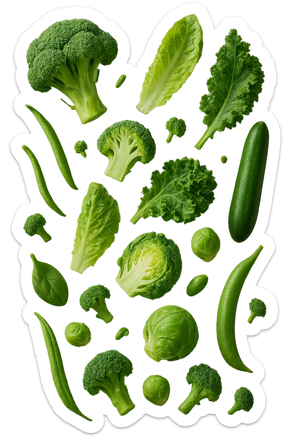 varie verdure verdi fluttuano in aria e cadono verticalmente, IPERREALISTICA 4K sticker