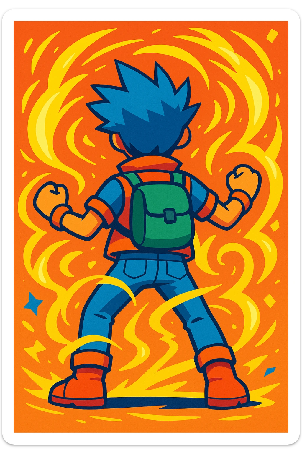 back view of a game avatar with swirling yellow energy, energetic and colorful sticker