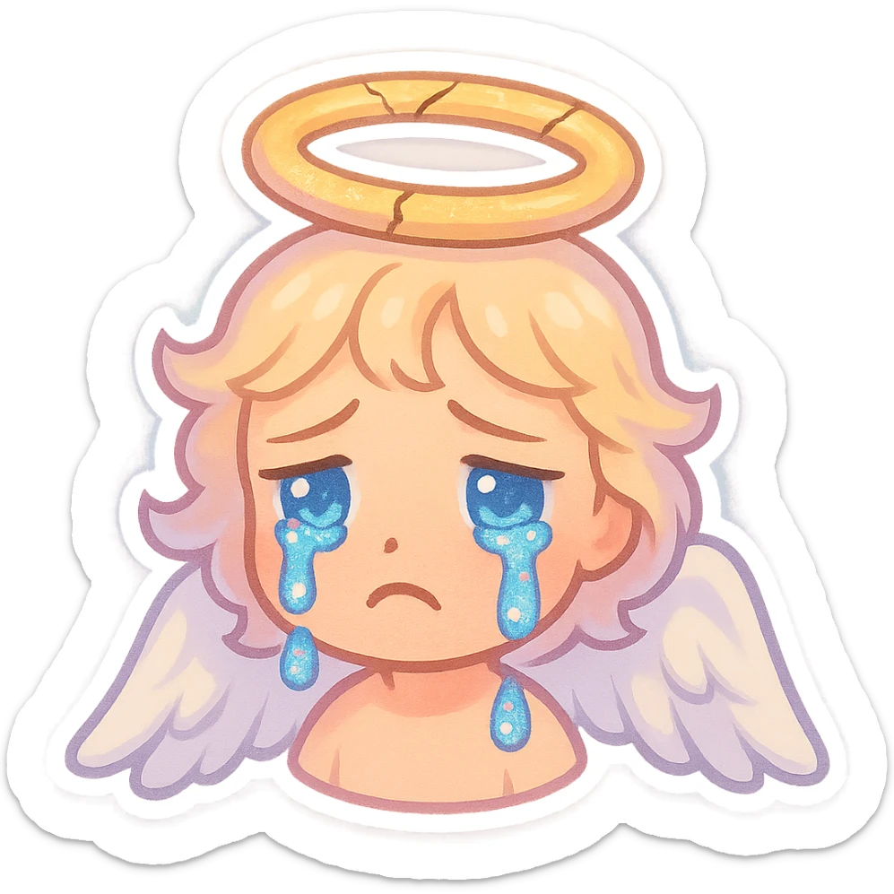 chibi angel emoji with glitter tears, cracked golden halo, drooping white wings, pastel lighting, sad expression, 90s Catholic tragic romance style, discord emoji aesthetic sticker