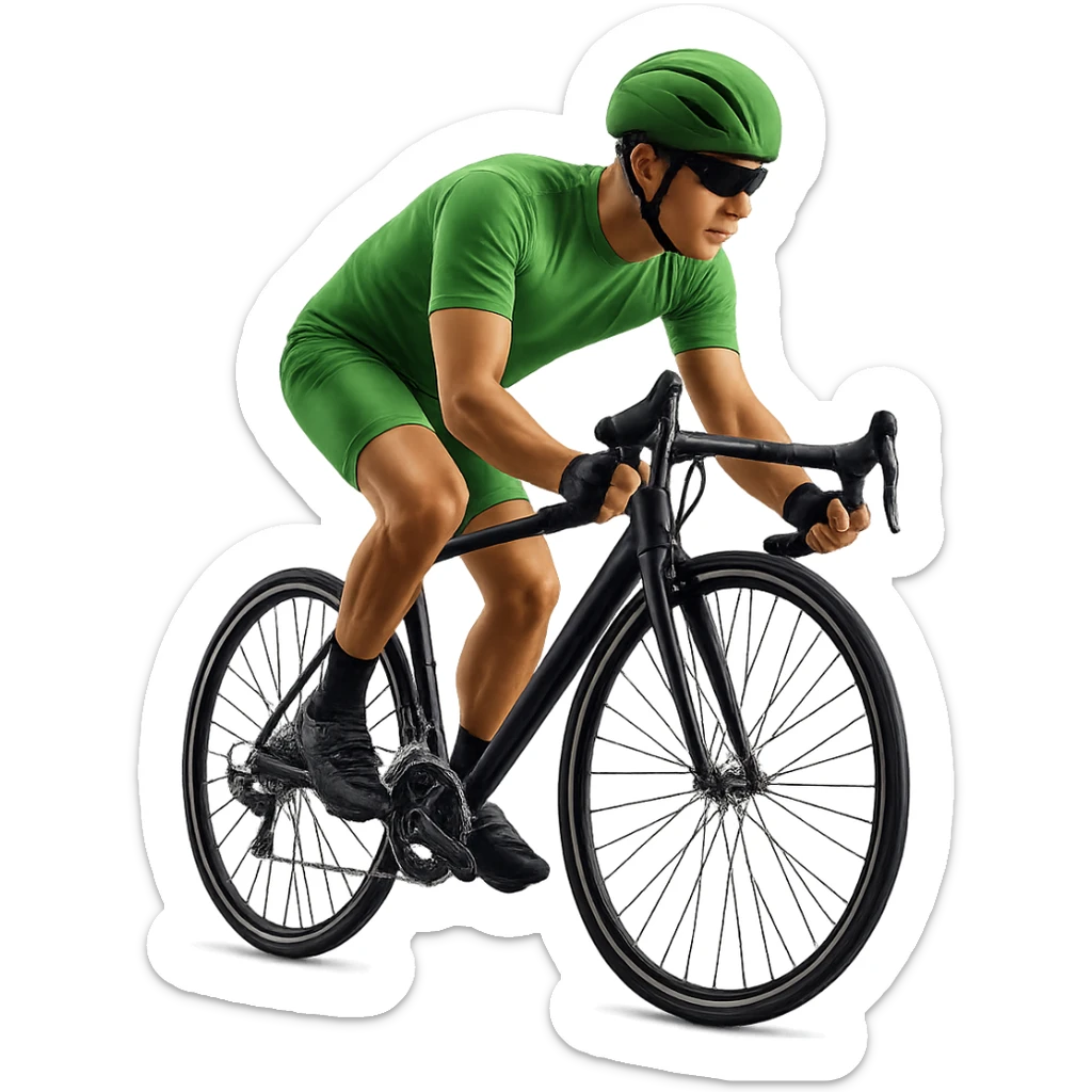 Add a helmet to the cyclist wearing a green outfit. Keep the background transparent. sticker