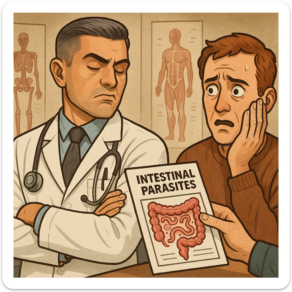 Create a semi-realistic or expressive style image of a male doctor inspired by the reference image, wearing a white coat. The doctor is dismissively turning away from a medical report with intestinal parasites, with a closed or indifferent expression. The patient looks worried. The setting is a doctor's office with anatomical posters. The mood is critical and ironic. sticker