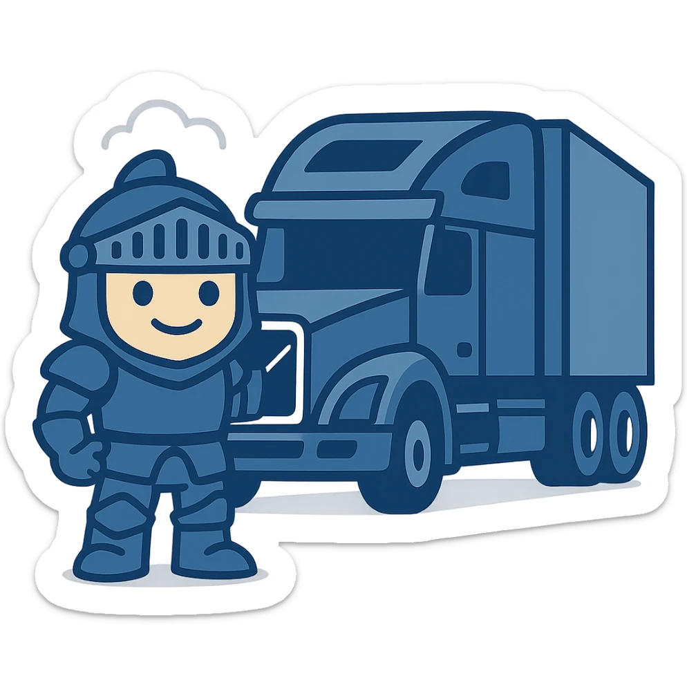 Add color to Casper's knight armor and accessories in cartoon style, keep Casper the same size as the white semi truck, transparent background. sticker
