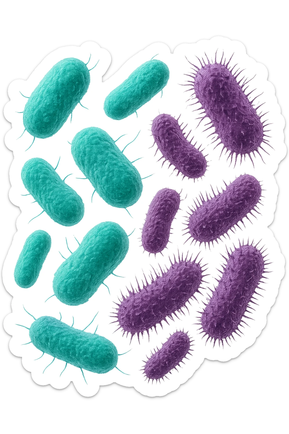 5 BATTERI BUONI E 5 BATTERI CATTIVI FLUTTUANO IN ARIA, I BATTERI BUONI FALLI TURCHESI, I BATTERI CATTIVI FALLI VIOLA, IPERREALISTICO 4K, NON DISEGNATO sticker