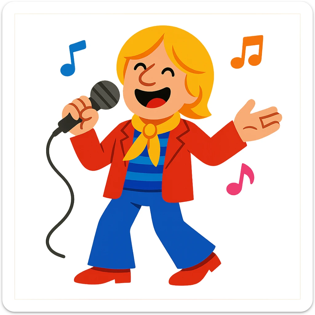 cheerful cartoon character inspired by French singer Dave, holding microphone and singing, musical notes around, vibrant playful style sticker