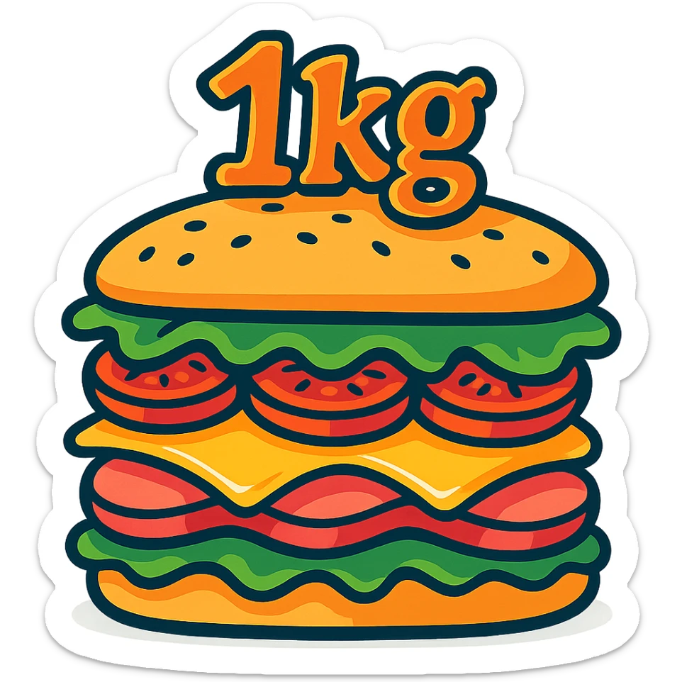 big cartoon sandwich with '1kg' in a playful, whimsical font on top sticker