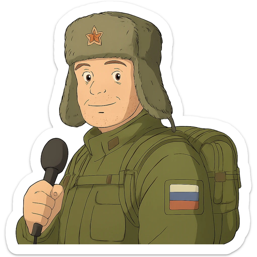 ghibli style Russian army military blogger wearing an ushanka hat sticker