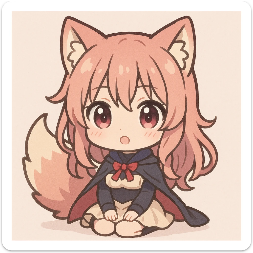 Shikoku from Chained Soldier, kawaii style, cute big eyes, chibi proportions, soft colors sticker