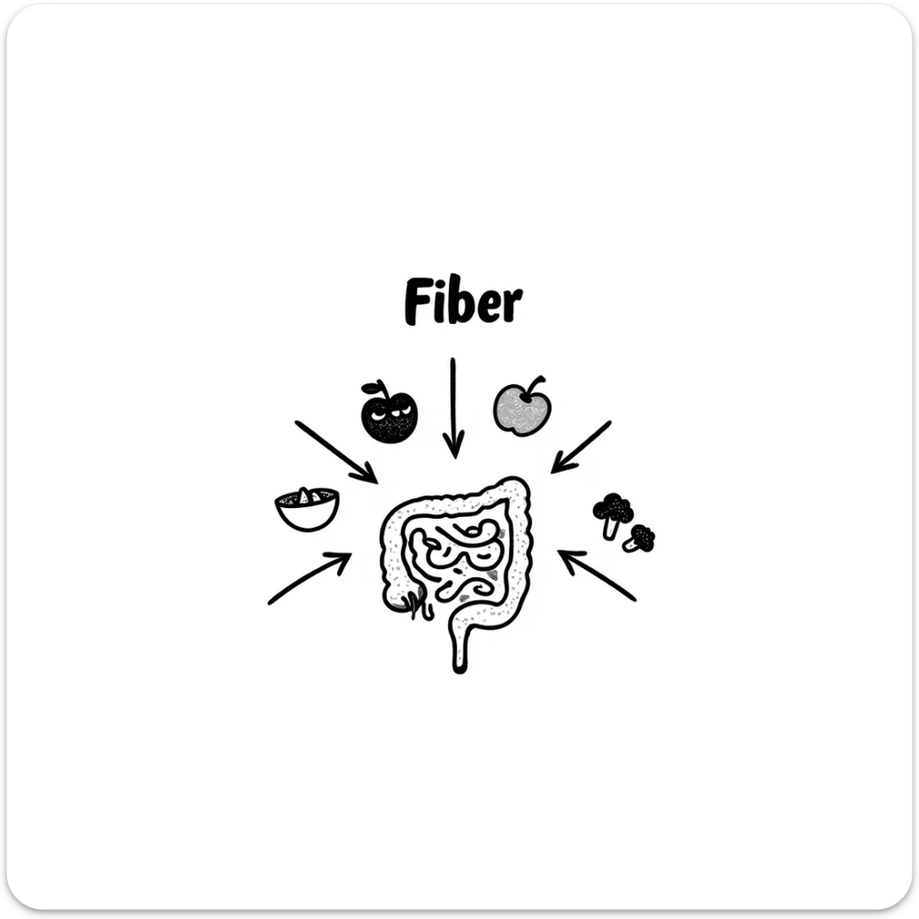 Hand-drawn doodle showing various fiber-rich foods like oats, beans, apples, berries, and broccoli with arrows pointing to a healthy intestine, with text showing 'Fiber' sticker