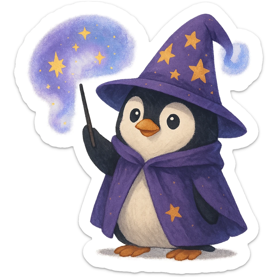 penguin wizard waving a wand wearing a purple hat with an enchanted aura sticker