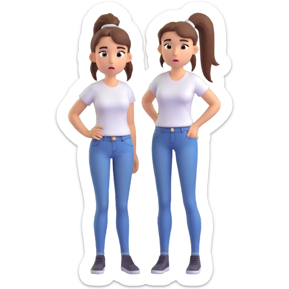 3D cartoon woman with ponytail, white t-shirt, jeans, confused look sticker