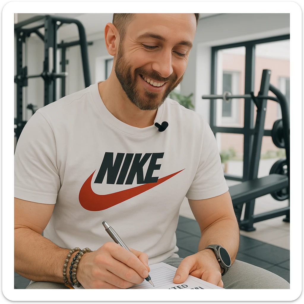 Personal trainer in a gym, inspired by the person in the reference photo, filling out a personalized workout plan on a notepad, in a welcoming environment. sticker