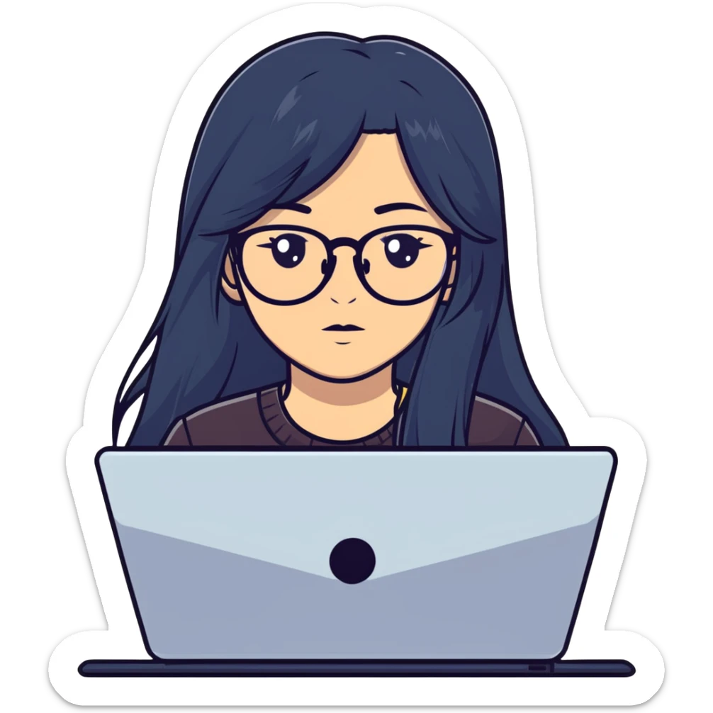 Girl with long black hair, glasses, nostril piercing, and a computer sticker