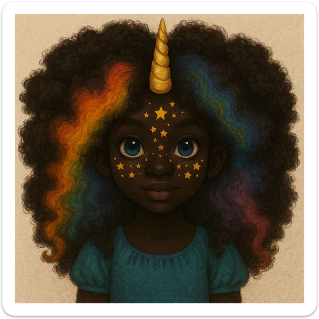 Change the character's skin to a deep black tone and give her fluffy, voluminous hair while keeping the rainbow hair, gold unicorn horn, blue eyes, and star freckles. Maintain the original style and details. sticker