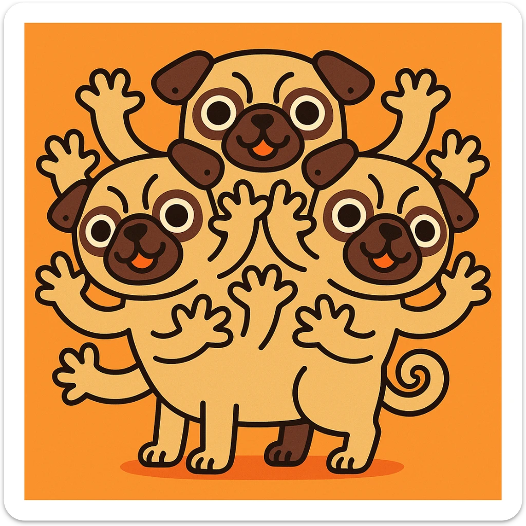 whimsical and clear design of a pug with three heads, each head has three arms coming out of it, and a small divot in each ear sticker