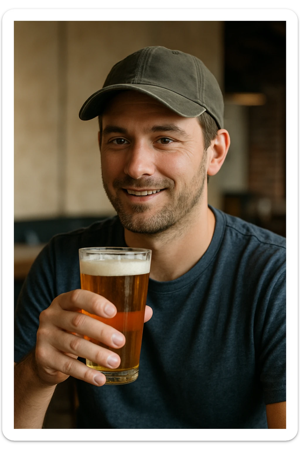 A man wearing a baseball cap holding a glass of beer sticker