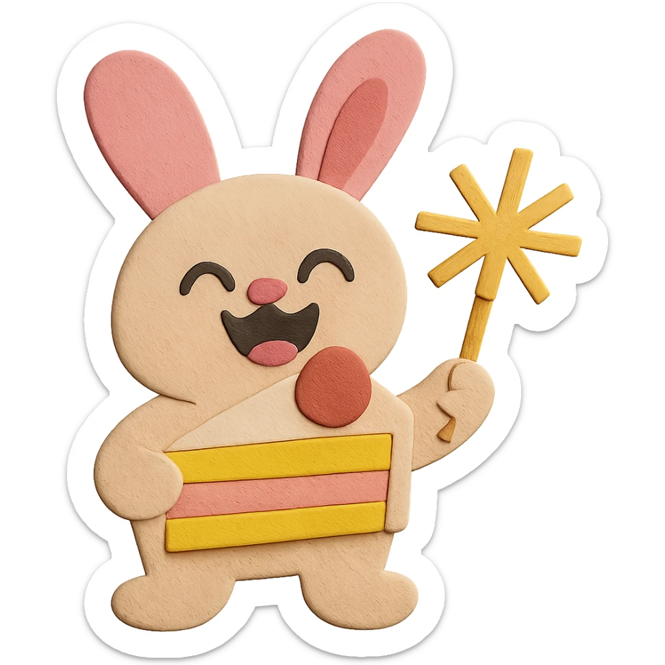 Keep the design the same, but add the pink color to the bunny's other ear so both ears match. Maintain the paper-craft style, cake slice, and sparkler. sticker