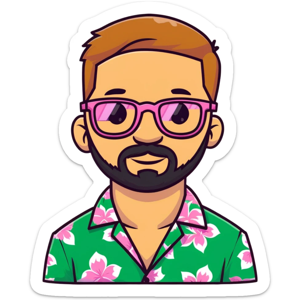 man with light skin tone, short light brown hair and beard, wearing a Hawaiian shirt and pink glasses sticker