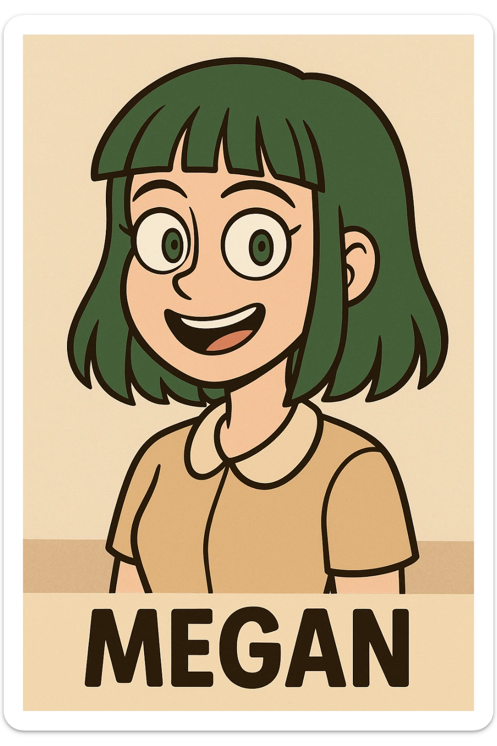cartoon face of Megan inspired by the reference image, green hair, straight bangs, green eyes sticker