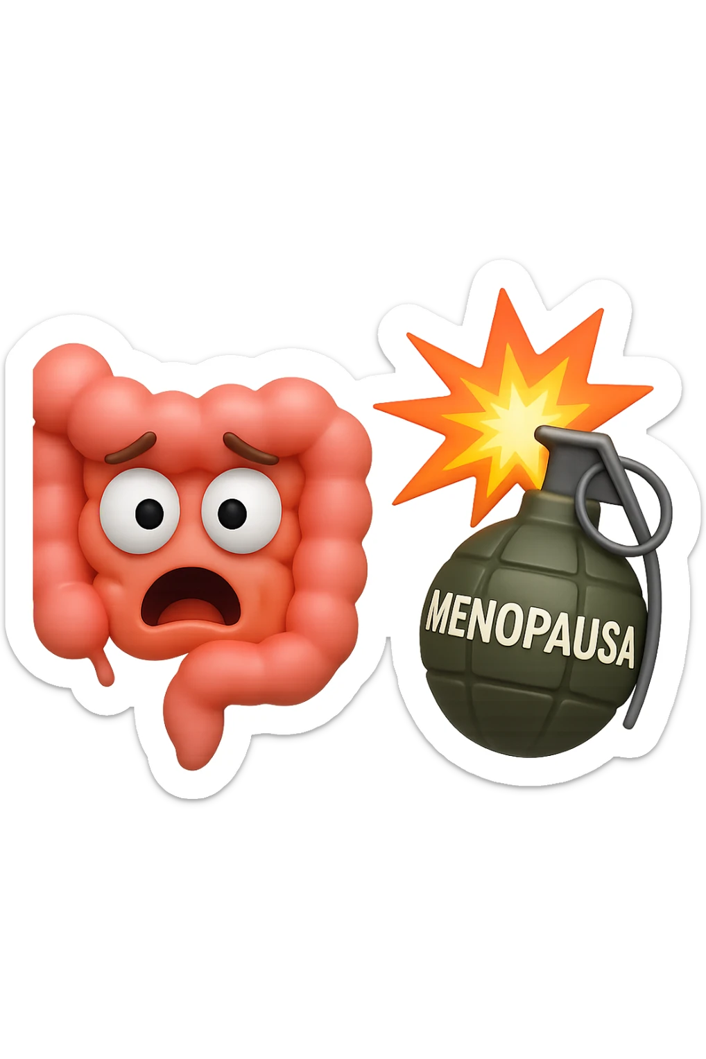 EMOJI STILE IPHONE 3D DI INTESTINO 3D CON ESPRESSIONE SPAVENTATA IN VOLTO MENTRE ACCANTO A LUI SCOPPIA UNA GRANATA 3D CON LA SCRITTA "MENOPAUSA" SOPRA, FAGLI ANCHE LA PARTE BIANCA DEGLI OCCHI, NON SOLO LA PUPILLA sticker