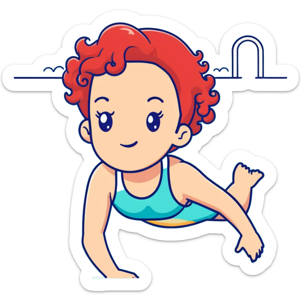 thin 18-year-old white female athlete swimmer with curly red hair about to enter a pool sticker
