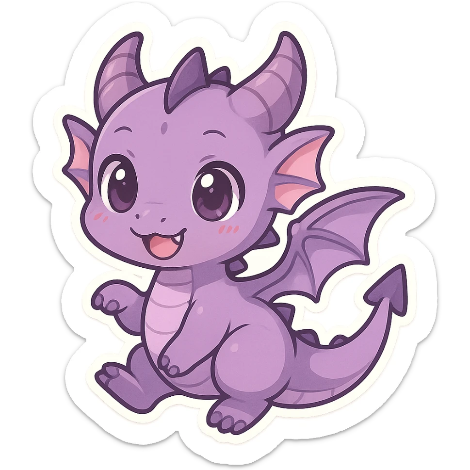 purple dragon in chibi anime style, cute, big eyes, small body, playful expression sticker