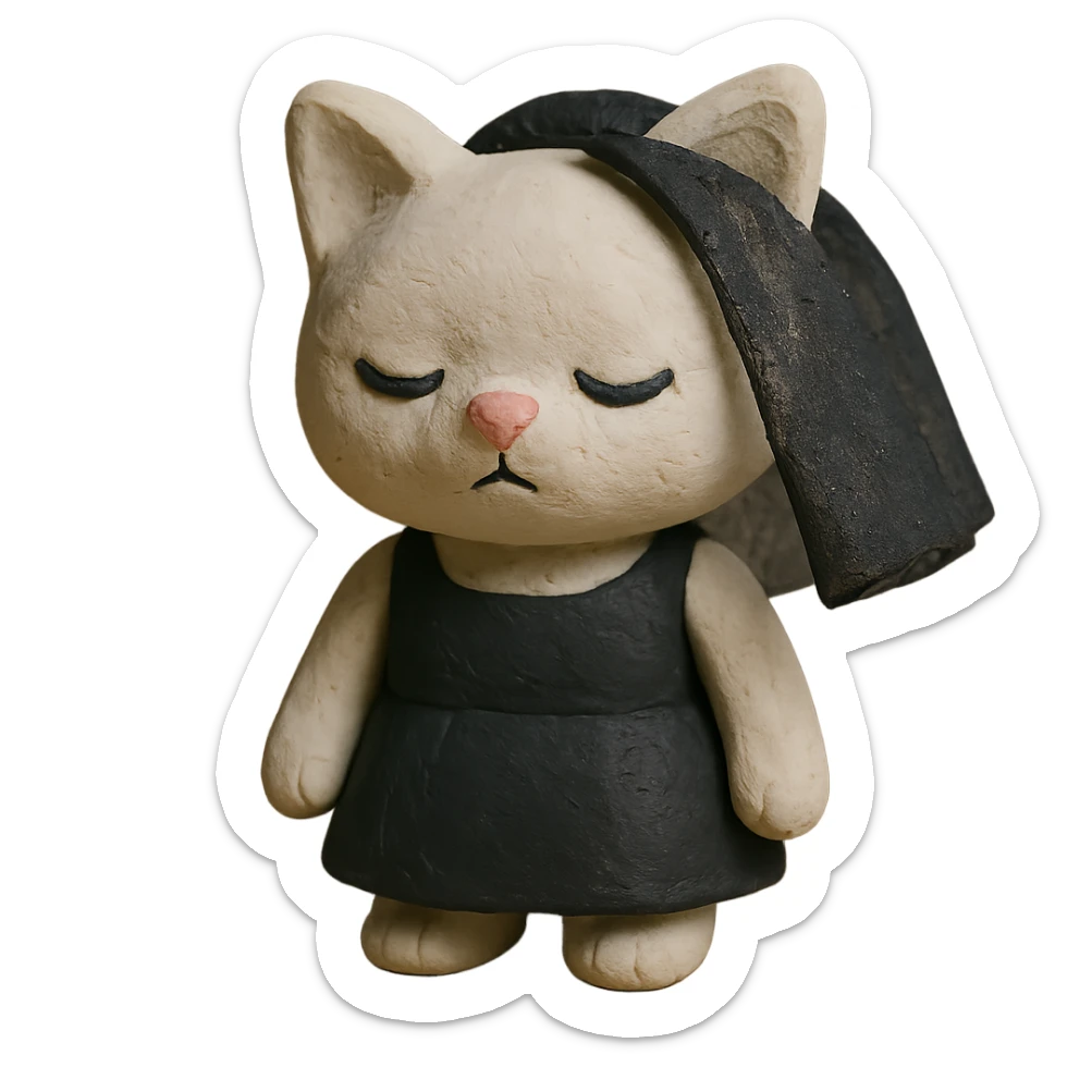 white baby cat wearing a black mini dress and black veil sticker