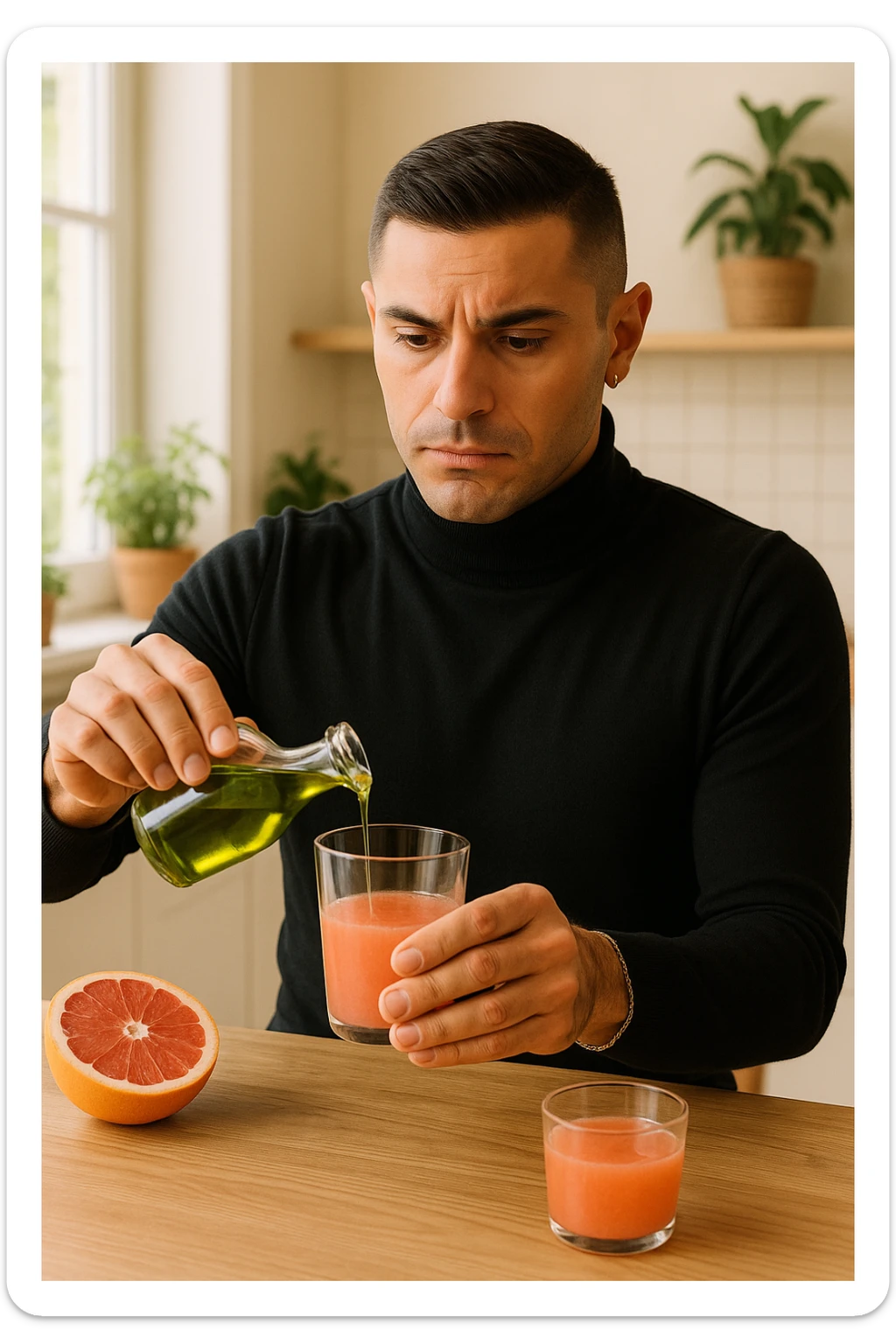 A realistic, warm-toned photo-style image of a man in his kitchen preparing a liver and gallbladder flush. On the counter, there is a small glass bottle of high-quality extra virgin olive oil with a rich green hue, and a freshly cut pink grapefruit with a small glass of its juice next to it. The man, in his mid-30s, looks focused and slightly apprehensive as he mixes the olive oil and grapefruit juice in a clear glass, preparing to drink it as part of a natural gallbladder cleanse. The background is clean, bright, and minimalist with wooden countertops, green plants, and sunlight coming through the window, giving a sense of natural health practices. The mood conveys a realistic moment of alternative health care, illustrating the preparation and intention for a natural flush to address gallstones, while maintaining a calm, educational, and hopeful tone in italiano sticker