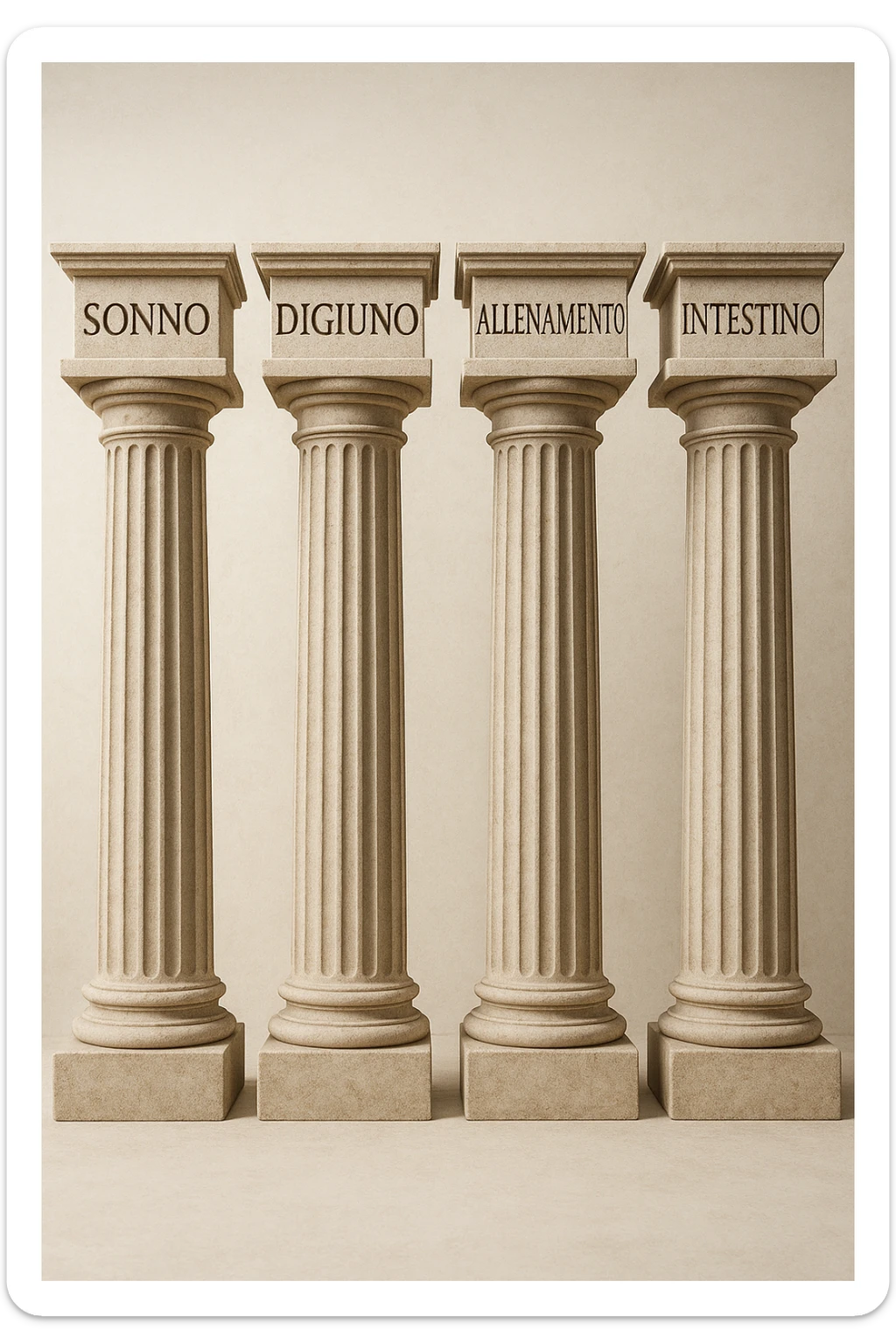 5 pilastri con le scritte "SONNO", "DIGIUNO", "ALLENAMENTO", "INTESTINO", IMMAGINE IPERREALISTICA SFONDO CHIARO IN ITALIANO sticker