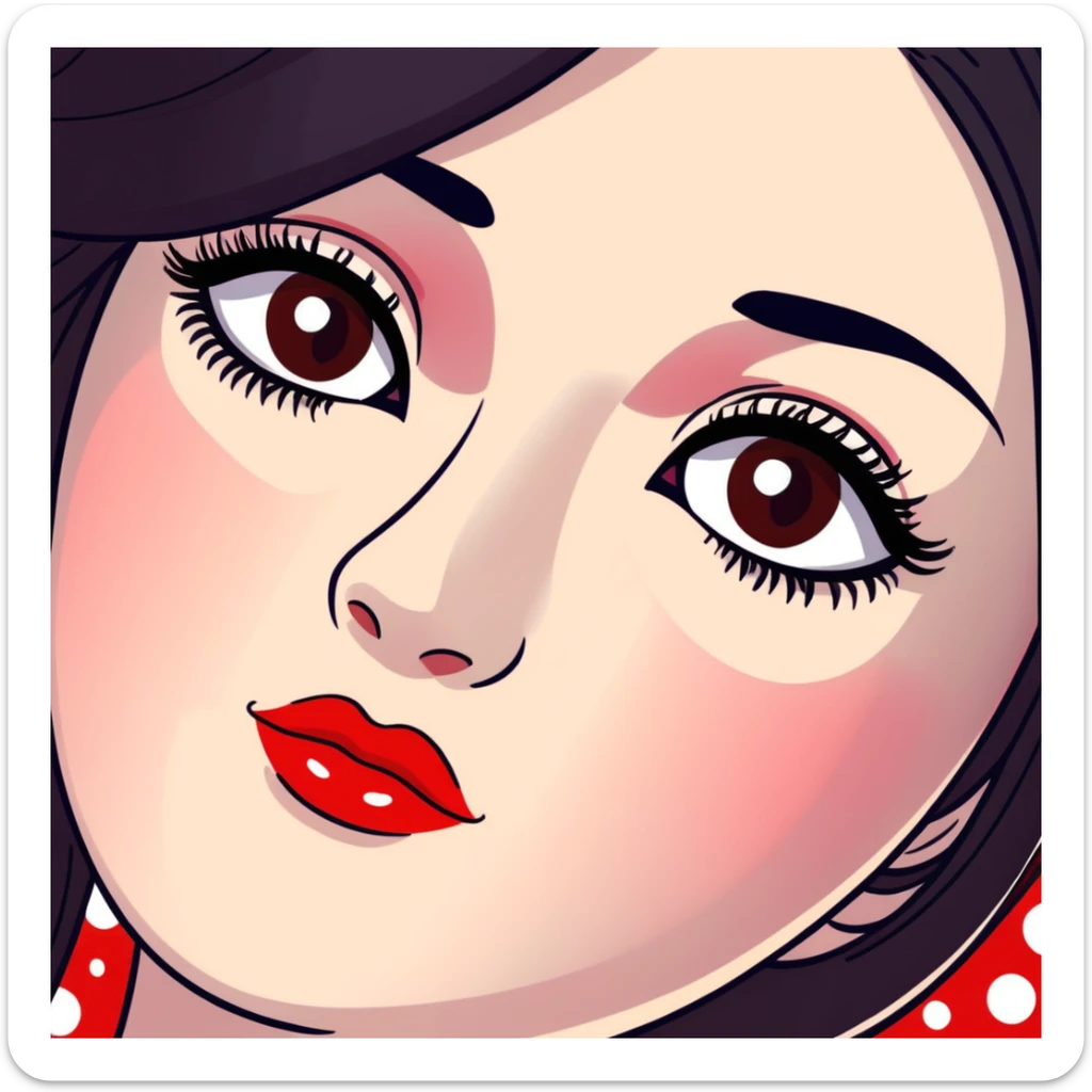 White girl with long oval shaped face, large almond shaped eyes with long eyelashes, long straight black hair falling in front of her bare shoulders, face closeup, with intricate patterned red and white gopi dots in a decorative design above eyebrows sticker