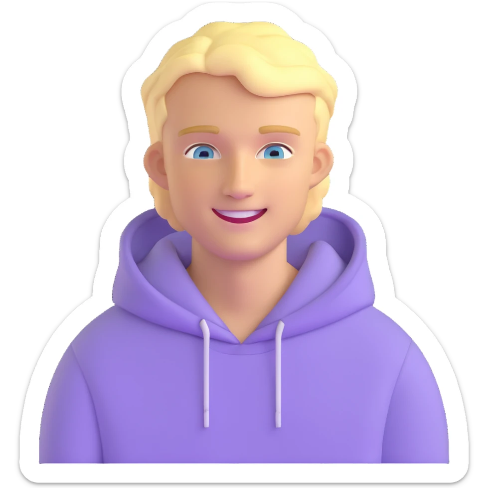 smiling blonde man with blue eyes in a lilac hoodie sticker