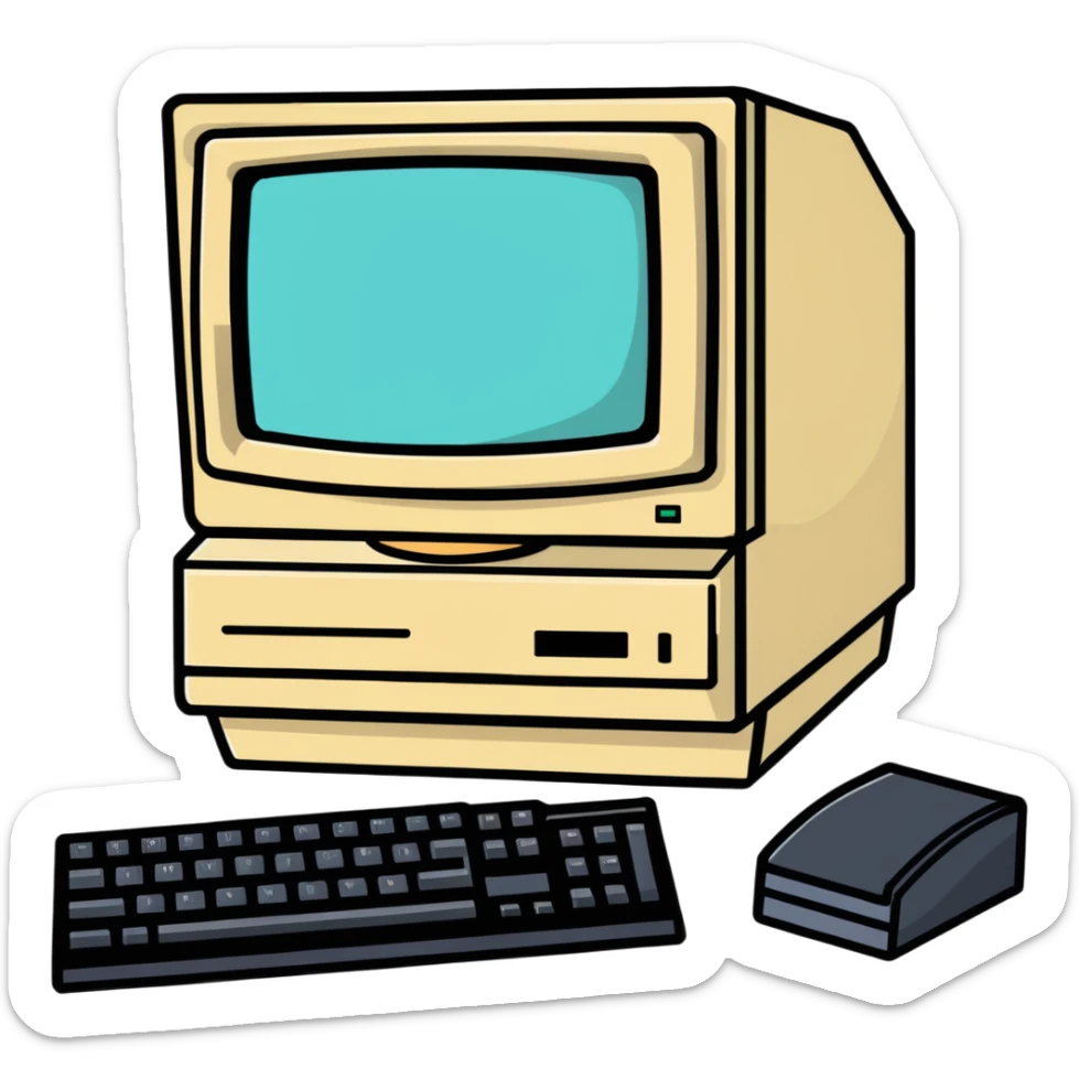 Vintage desktop computer from the 80s, bulky beige monitor with floppy disk drive, separate keyboard, nostalgic tech aesthetic sticker