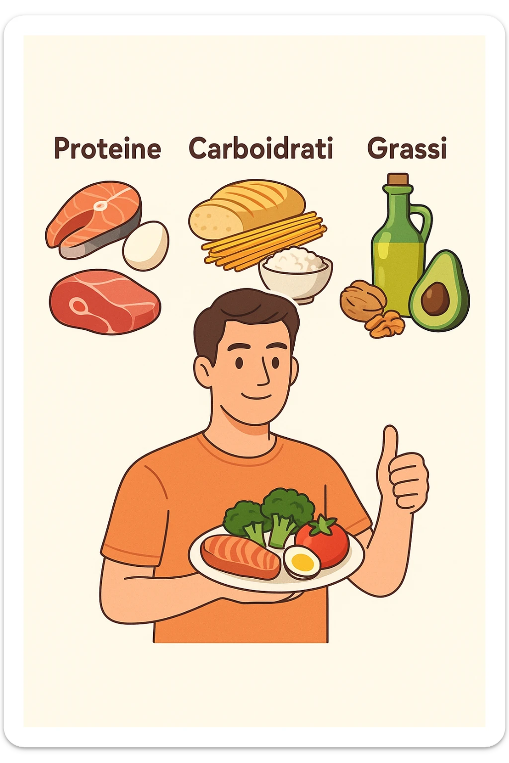 uomo che fa alimentazione attraverso i giusti macronutrienti. Scritte in ITALIANO sticker