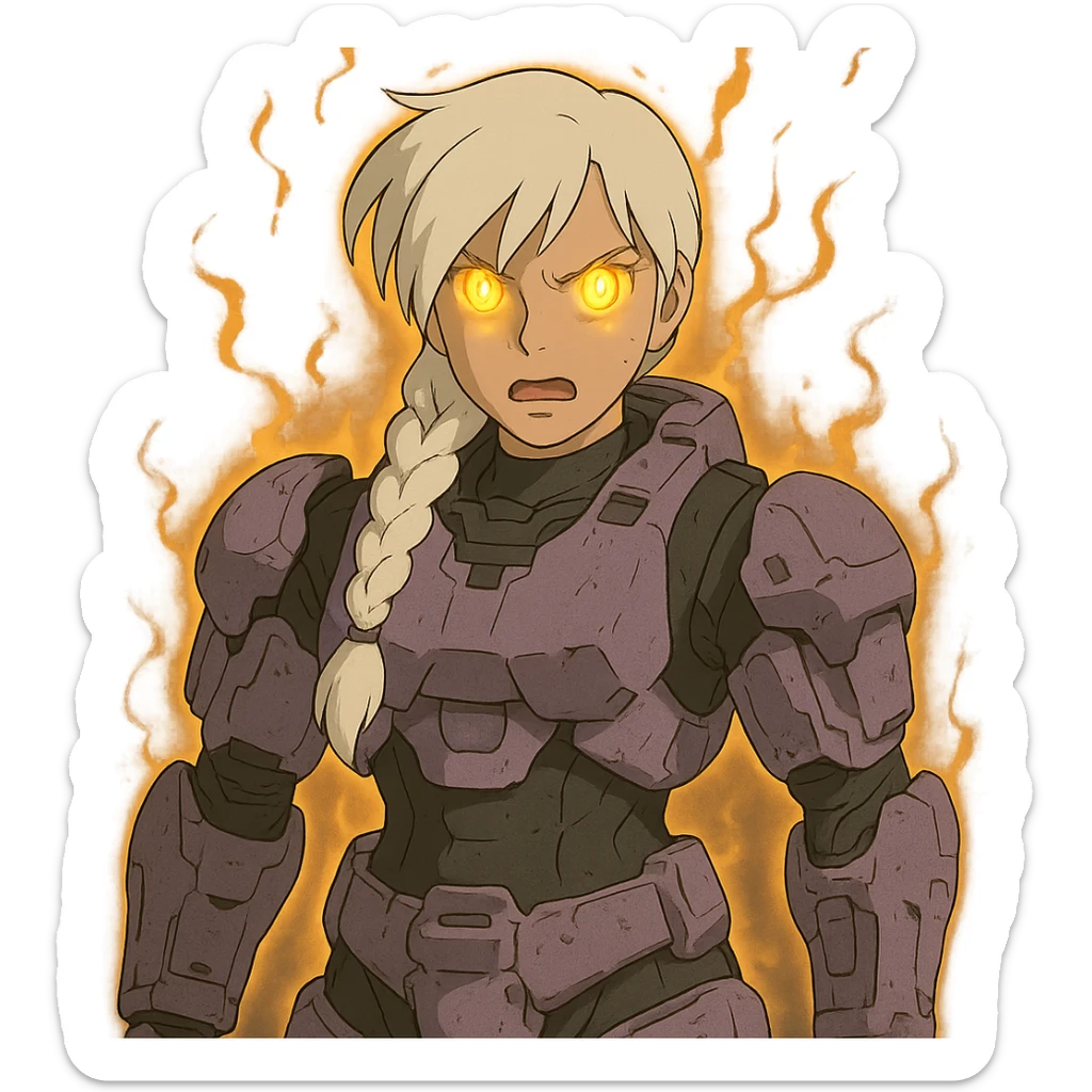 female, wearing reach spartan armor shoulder-unequip, long white braid hair with massive messy front side single bangs, gold yellow eyes, attention pose, D-cup size, HALO:series, no helmet, the armor is lavender color scheme, eyes glowing, demon eye, gleam, rage aura, body steaming sticker