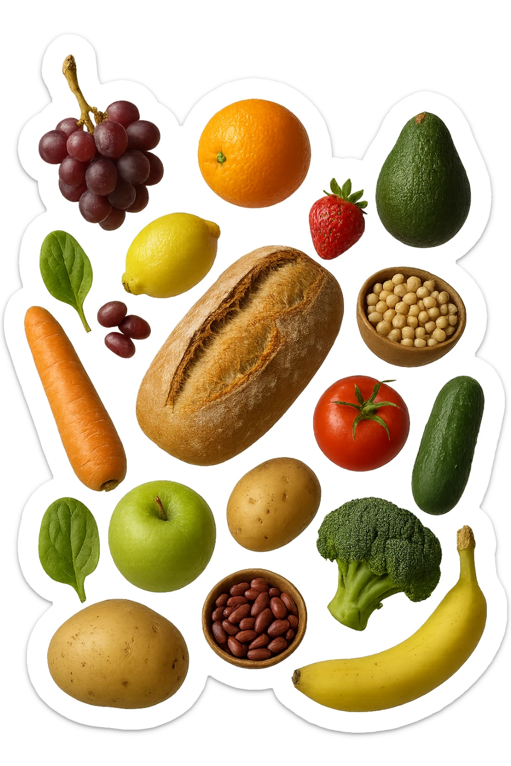 FRUTTA, PANE, LEGUMI E VERDURE CRUDE FLUTTUANO IN ARIA, IPERREALISTICA 4K sticker