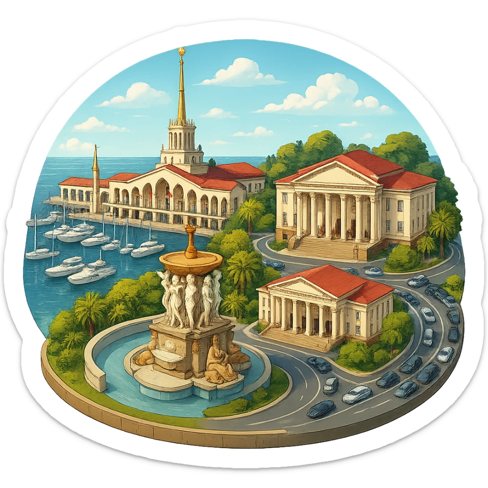Изометричная, яркая, детализированная и фотореалистичная иллюстрация панорамы города Cочи на круглой подставке в стиле 3D-коллажей городов, здание Морского Порта, Зимний театр, Санаторий имени С. Орджоникидзе, море, причал, яхты чёткие линии, слегка мультяшная стилистика, прозрачный фон, не обрезать края картинки sticker