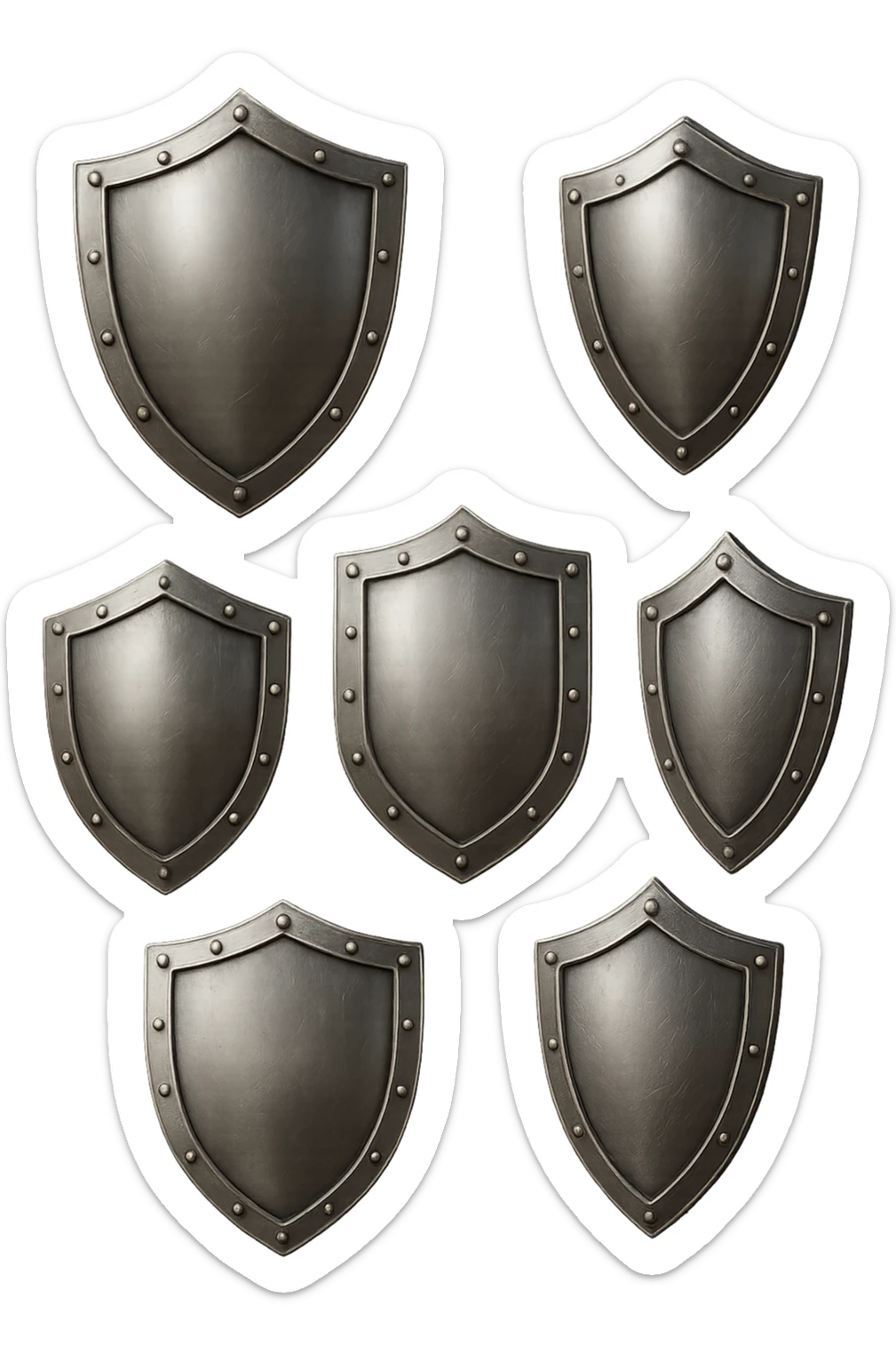 6 scudi che simboleggiano "difesa e protezione", realistici in 3d fluttuano in aria, iperrealistico 4k sticker