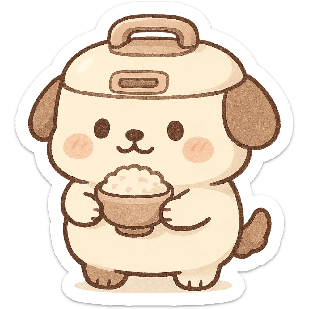 chibi style rice cooker dog, round belly, holding a rice bowl, soft cream and brown colors, full-body sticker