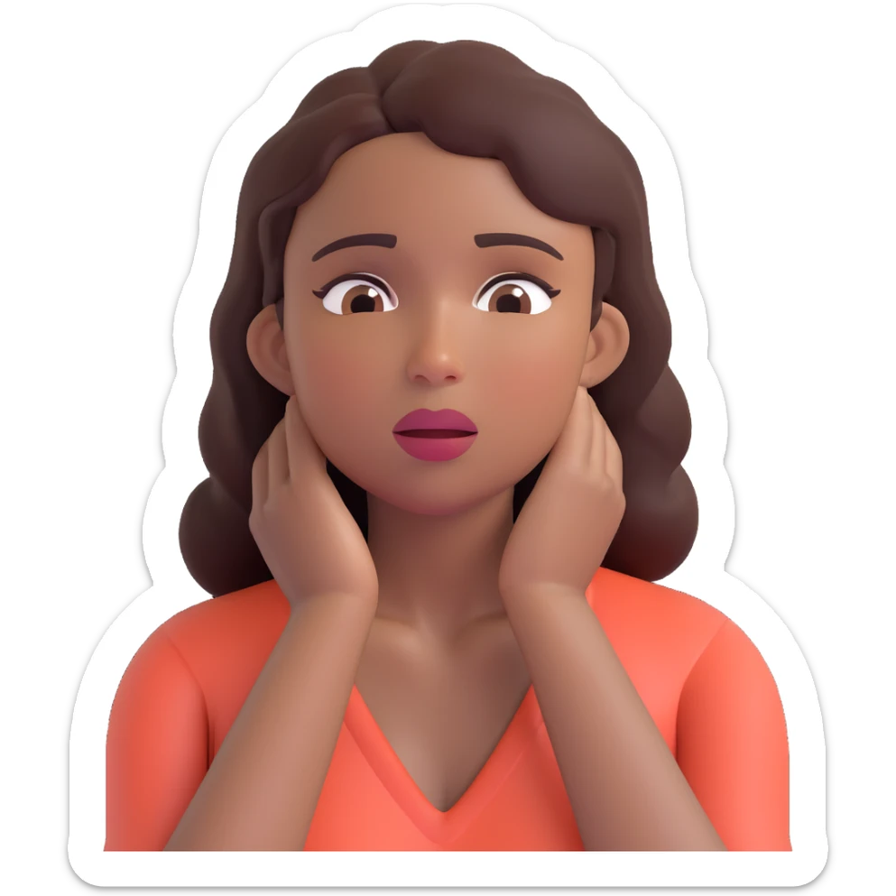emoji of a woman with medium-dark skin tone, both hands on her neck, cheeks puffed, struggling to breathe sticker