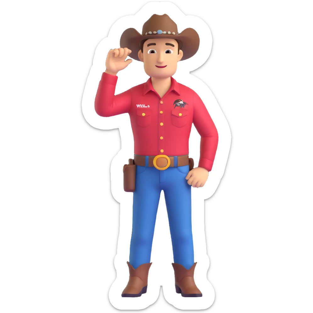 cowboy tipping hat wearing Jurassic Park shirt with logo, standing confidently, friendly expression sticker