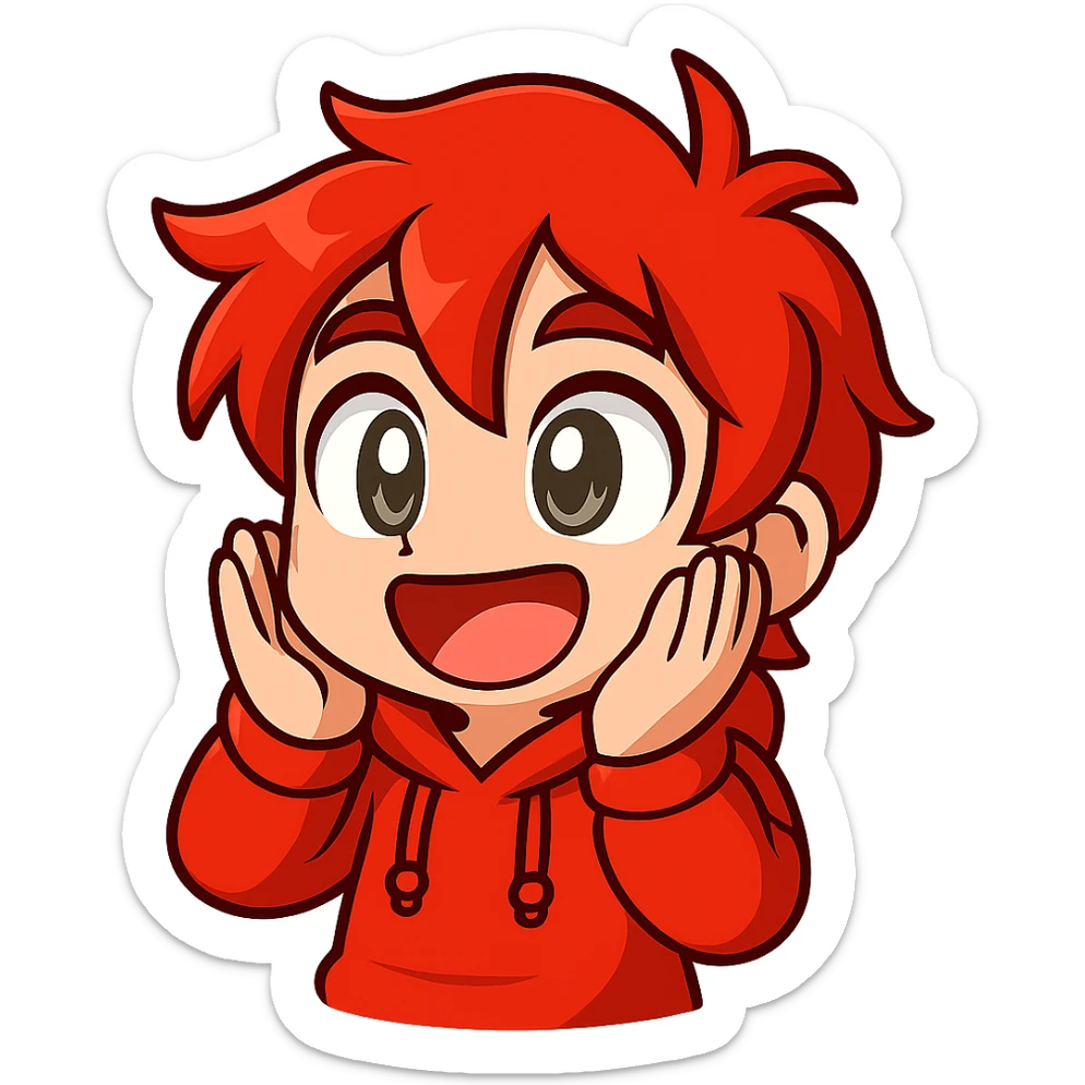Extract the bottom right character wearing a red hoodie with red hair as a fully visible, separate image with a transparent background, keeping the original chibi stickers cartoon style and appearance. sticker