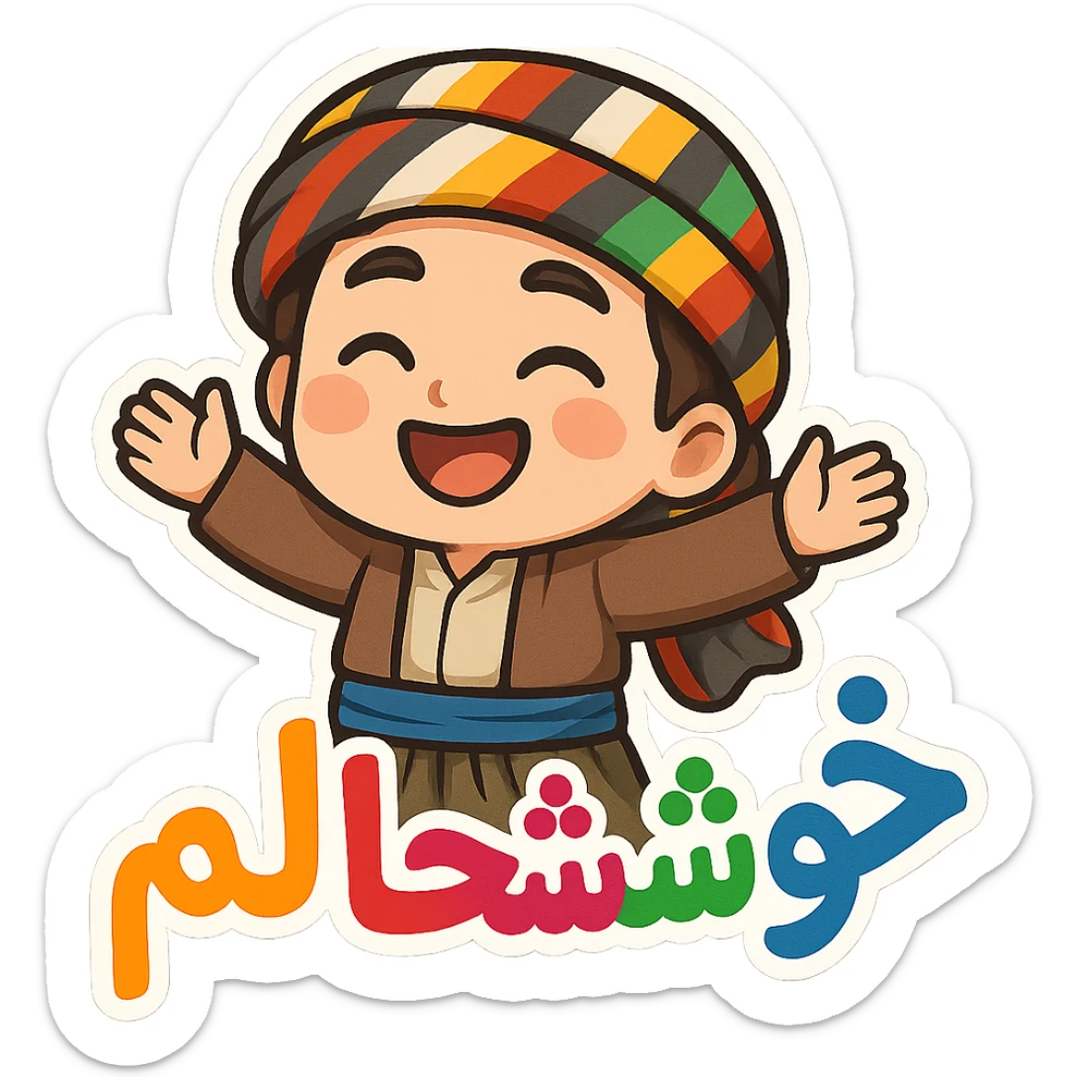 Create a colorful and cheerful Kurdish cartoon sticker with traditional clothing exactly like the reference image. Add the Kurdish text 'خۆشحاڵم' in a vibrant and happy style, suitable for WhatsApp and Instagram, with a transparent background. sticker
