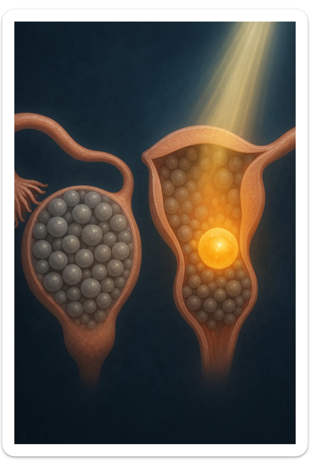 Scientific visualization of a polycystic ovary transforming. The ovary, initially filled with many small, dormant follicles like a cluster of grey pearls, begins to be nurtured. A focused, gentle light and nutrient-rich energy encourage one dominant follicle to mature and glow with a healthy, golden light, symbolizing successful preparation. sticker