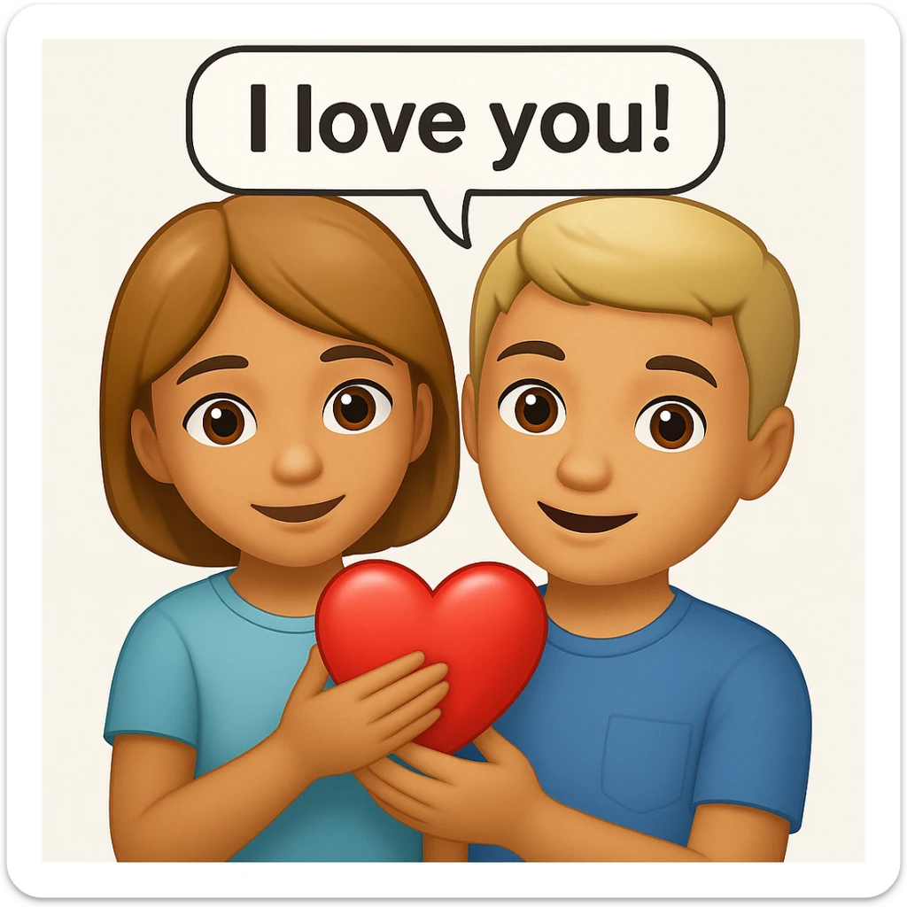 Add a speech bubble with the greeting 'I love you!' to the image, keeping the emoji style happy and affectionate sticker