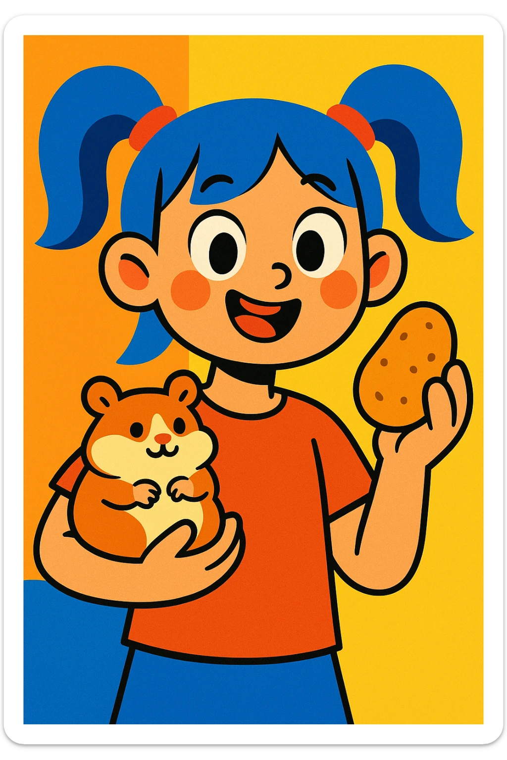 A girl with two ponytails holding a hamster and a potato, cartoon style, bright colors sticker