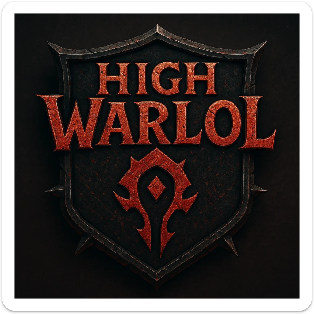 World of Warcraft-inspired logo for 'High Warlol', dramatic battle-worn look, Horde iconography, playful meme-like twist in lettering sticker